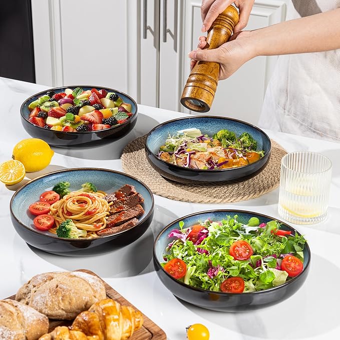 LERATIO 8.5'' Large Ceramic Pasta Bowls, 36oz Pasta Serving Bowls Set of 4 for Kitchen, Wide Bowls for Fruit,Pasta,Salad,Oatmeal,Meal, Microwave Safe, Reactive Glaze-Gray White