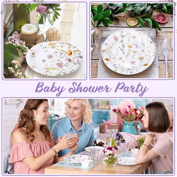 60 Pcs 7 Inch Floral Party Plates Wildflower Paper Plates Spring Summer Disposable Dinnerware Decoration for Tea Party Dinner Birthday Baby Shower Bridal Wedding Supplies