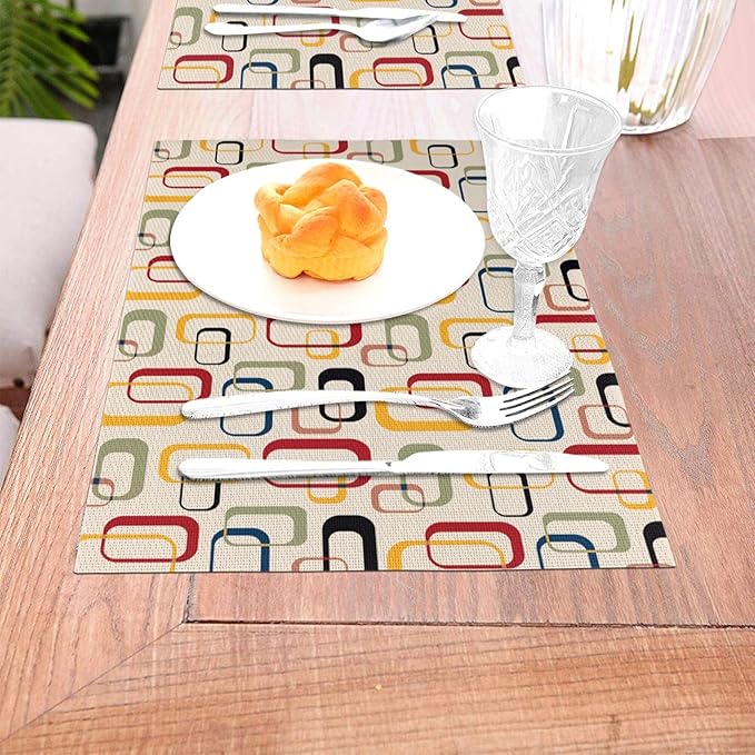 Mid Century Modern Dining Placemats Set of 4, Vintage Decorative Table Mats for Kitchen Home Party Decor Washable Retro Linen Place Mats 12"x18"