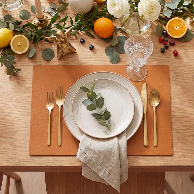 Artoid Mode Rust Faux Leather Placemats Set of 6, 12x18 Inch Waterproof Wipeable Heat Resistant Vinyl Place Mats, Reversible Table Mats for Fall Kitchen Dining Decor