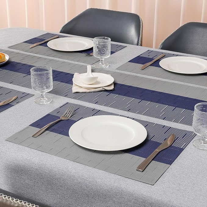 Placemats Set of 4, Vinyl Woven Place Mats Indoor Set of 4 Washable Wipeable PVC Table Mats Heat-Resistant Non Slip Plastic Placemat for Kitchen Dining Outdoor Table (Blue Gray, Set of 4)