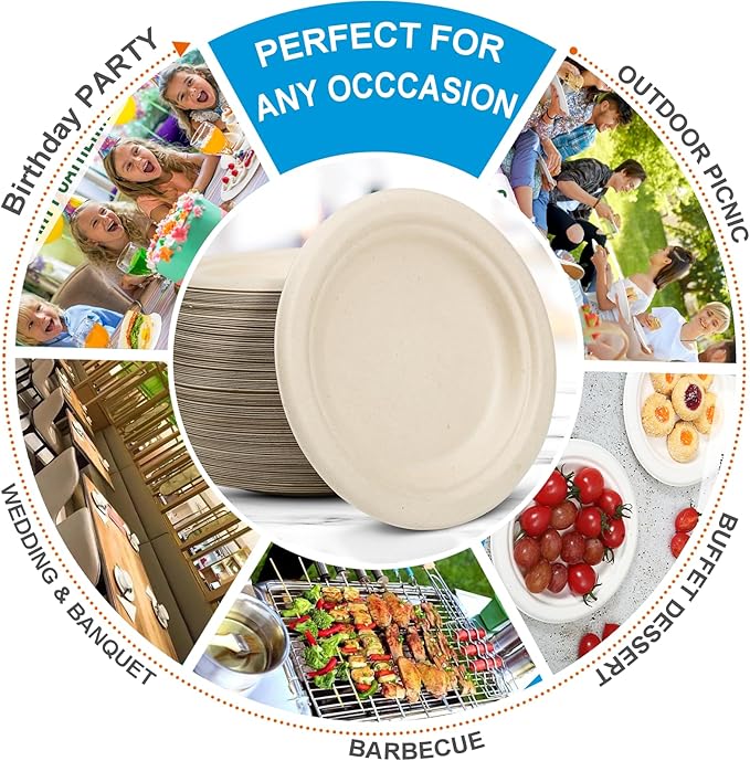 Disposable Plates 100% Compostable Heavy Duty - 9 Inch paper plates bulk for Party, Dinner, Cake, Dessert, Snacks Eco-Friendly Brown