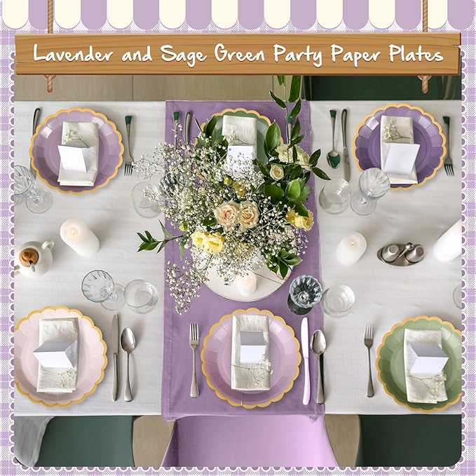 48 Pcs Sage Green Purple Paper Plates 9 Inch Lavender Scalloped Paper Disposable Dinner Dessert Plates for Birthday Wedding Bridal Party Supplies, 6 Colors