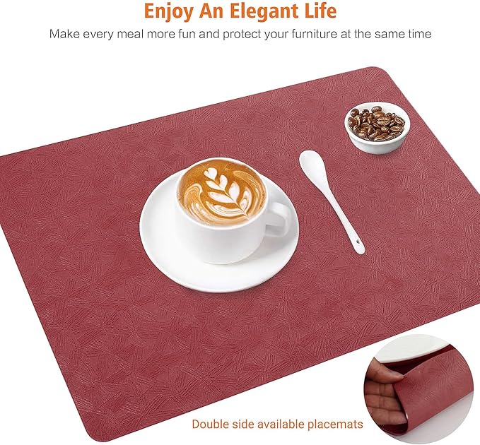 Vinyl Placemats Set of 4 Heat Resistant Easy Clean Non-Slip Place Mats for Dining Table Faux Leather Waterproof Stain Resistant Wipeable Washable PVC Table Mats(4, Red)