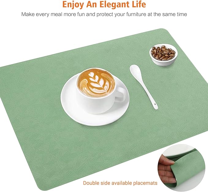 Vinyl Placemats Set of 4 Heat Resistant Easy Clean Non-Slip Place Mats for Dining Table Faux Leather Waterproof Stain Resistant Wipeable Washable PVC Table Mats(4, Green)