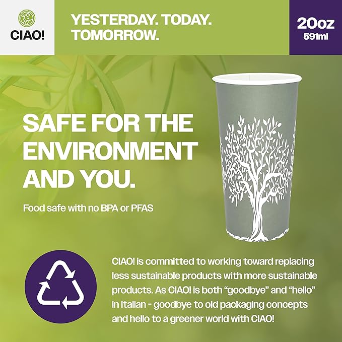 CIAO! 20oz Paper Hot Cup, Rooted Olive Print, (Case of 600)
