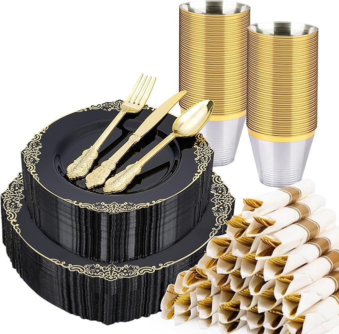 350 PCS Black and Gold Plastic Plates, Plastic Dinnerware Set for 50 Guests, 100 Disposable Plates, 150 Silverwares, 50 Cups, 50 Napkins for Party, Wedding, Graduation