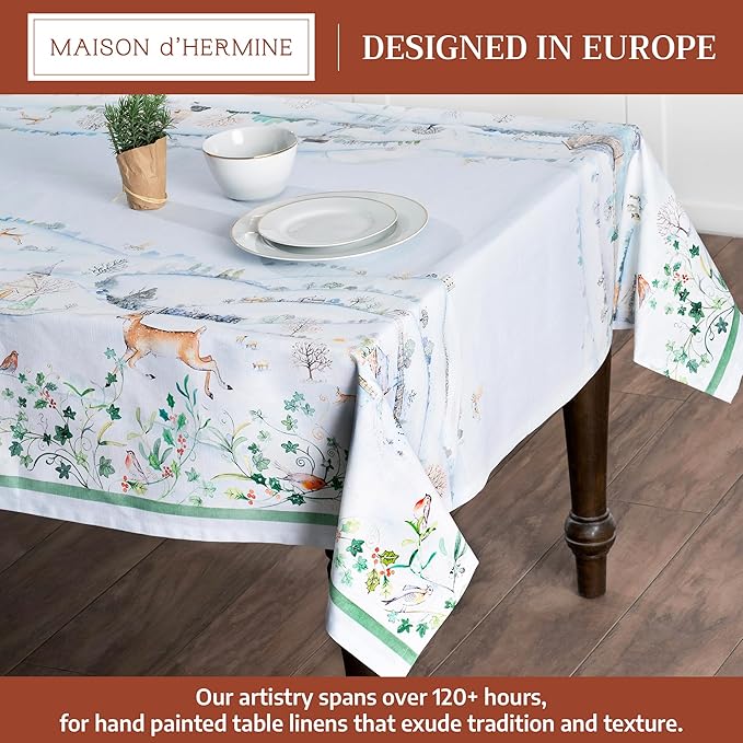 Maison d' Hermine Table Cloth Rectangle Table 100% Cotton 70 x 108 Inches Fall Tablecloth Reusable Everyday Use for Thanksgiving Christmas Decorations Dining Farmhouse Party (Snowy World)