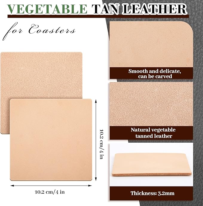 Bulyoou 50 Pack 4" Square Veg Tan Leather Crafts Tooling Vegetable Leather for Coasters Tooling Stamping Carving Dyeing Laser Embossing, Thickness 3.2 mm