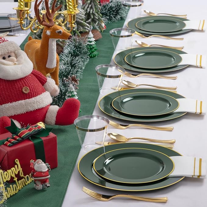 SUT 350PCS Green and Gold Plastic Plates for 50 Guests, Disposable Plates and Napkins Party Supplies, Gold Plastic Silverware, Plates, Cups and Napkins Sets，Party Plates and Cups and Napkins Sets
