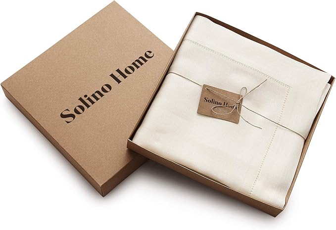 Solino Home Ivory Linen Tablecloth 60 x 90 Inch - 100% Pure Linen Hemstitch Table Cloth for Rectangle Tables - Classic Hemstitch, Machine Washable Tablecloth for Spring, Easter