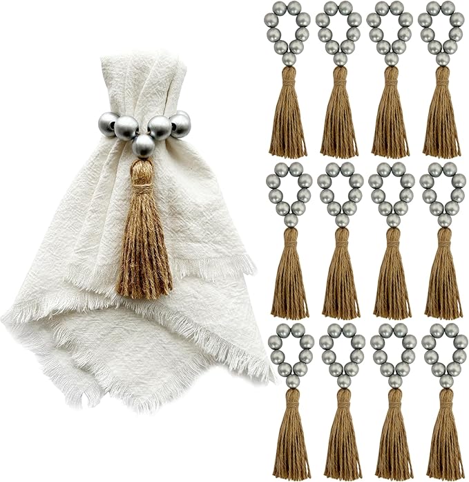 Napkin Rings Set of 12,Wooden Napkin Rings,Wood Bead Elastic Farmhouse Napkin Ring with Tassel,Boho Napkin Holder for Table Decor,Weeding,Dinner,Party(Silver)