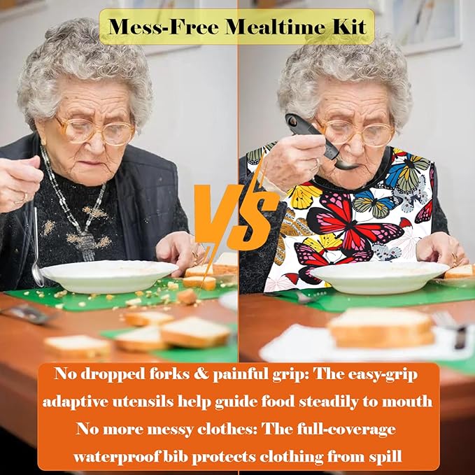 Adaptive Utensils with Adult Bib - 4pcs Weighted Utensils Set (2.5oz Each) for Hand Tremors, Elderly, Parkinson's, Arthritis - Non-Slip Easy Grip Handles for Independent Eating