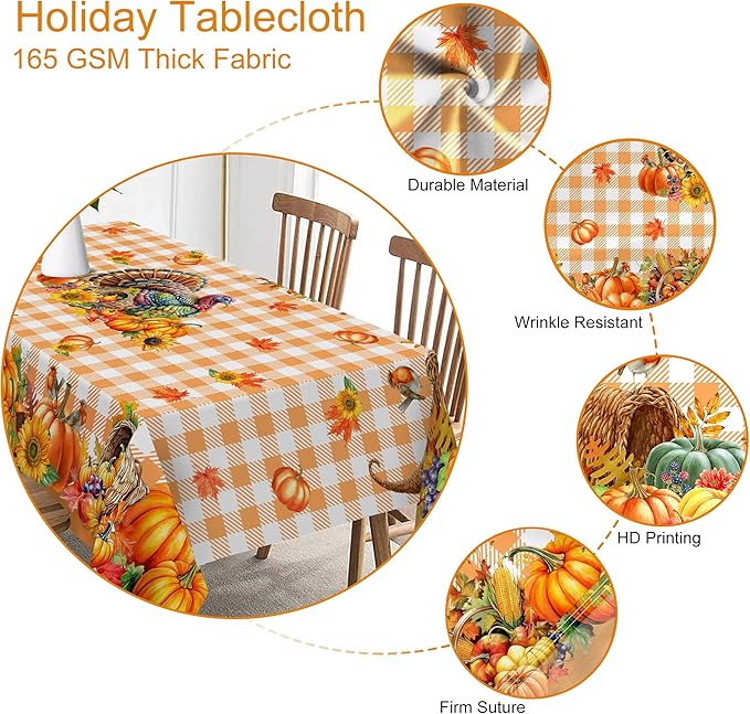 Thanksgiving Tablecloth Rectangle 60 x 120 Inch, Turkey Pumpkins Table Cloth Holiday Indoor Decor for Dining Room Party