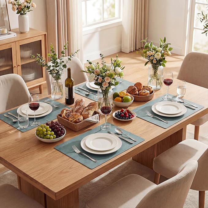 Artoid Mode Blue Faux Leather Placemats Set of 6, 12x18 Inch Waterproof Wipeable Heat Resistant Vinyl Place Mats, Reversible Table Mats for Winter Kitchen Dining Decor