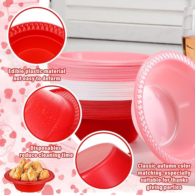 Layhit 100 Pcs Valentine's Day Plastic Bowls 12 oz Red Pink White Disposable Plastic Dessert Serving Party Supplies Salad Candy Snack Bowls for Holiday Wedding Party Picnic