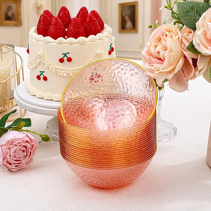 Tinybee 30 Pack Pink Plastic Bowls - Pink Disposable Bowls for Party with Gold Rim, 16-20oz Premium Hammered Bowls Disposable Heavy Duty, Plastic Salad Bowls for Milk Cereals, Snacks, Salads