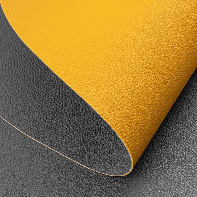 Myir JUN Round Placemats Set of 6 Faux Leather Place Mats and Coasters 15 inch Round Table Mats Dual Sided Non-Slip Stain Resistant Placemats (Gray & Yellow, Set of 6)