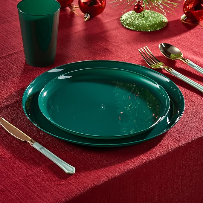 PLASTICPRO [30 Pack 8.6'' Christmass Green Plastic Party Plates Edge Collection Premium heavyweight Elegant Disposable Tableware Dishes