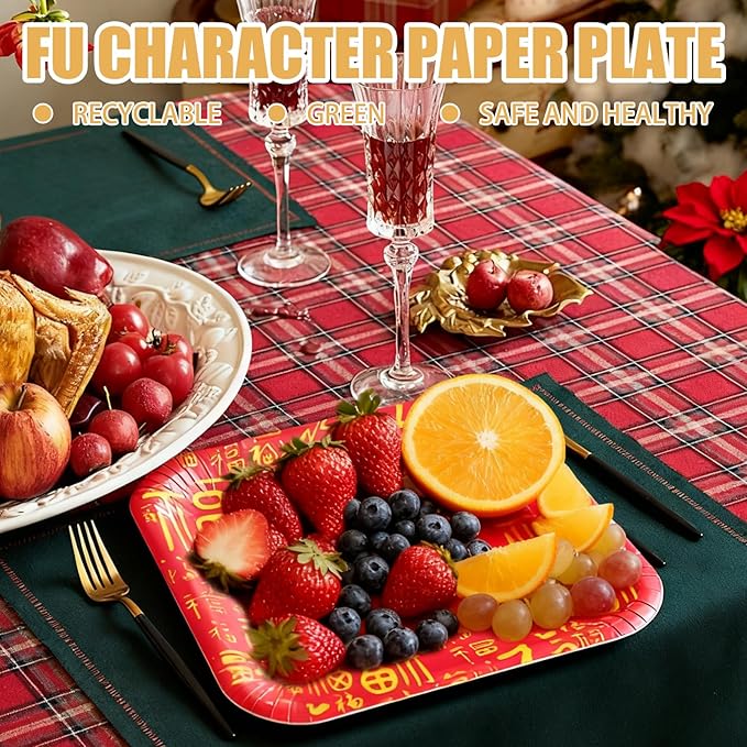 30 Pcs Chinese New Year Paper Plates Square Plates, 8.7" Disposable Plates Heavy Duty Decorative Plates Food Trays, Dinner Platters Dessert Plates for Spring Festival Lunar New Year Party Decorations