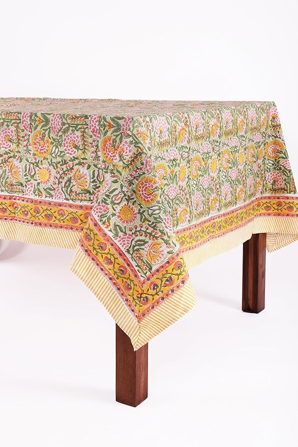 ATOSII Clover Green 100% Cotton Rectangle Boho Fall Tablecloth, Handblock Floral Table Cloth Linen for Kitchen Dining I Parties Wedding Outdoors Christmas Thanksgiving I 72 X 140 Inches I 12 Seater