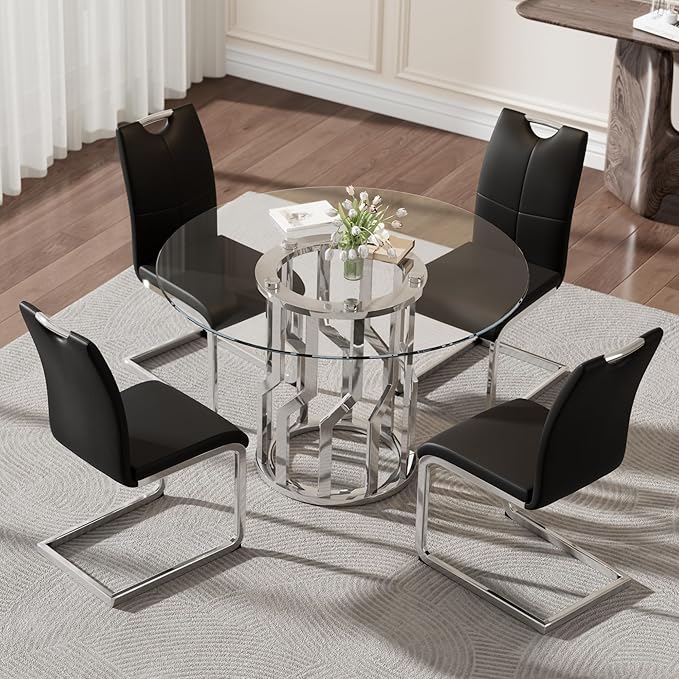 38.9" Round Glass Dining Table Set for 4, Modern 5 Piece Kitchen Table Set with Silver Stainless Steel Base & 4 PU Leather Accent Chairs, Saving Space, Dining Set for Apartment, Home - Black Chair