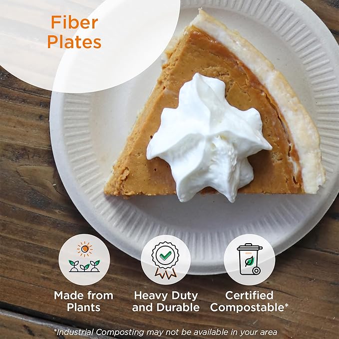 World Centric Compostable Plates 6" - Unbleached Plant Fiber. Grease Resistant - 250 Pack