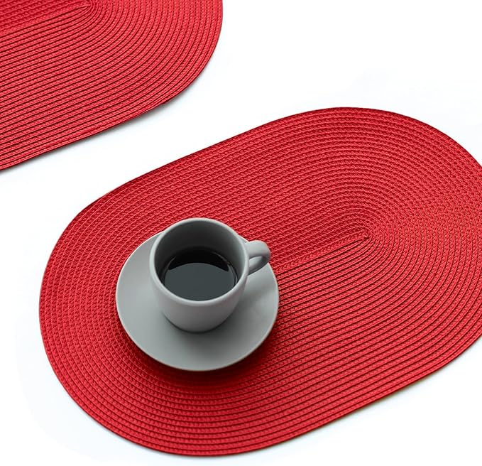 FunWheat Oval Braided Placemats Set of 4 Table Mats for Dining Tables Washable Heat Resistant Place Mats for Indoor Outdoor Use 12 x18 Inch(Oval Red, 4pcs)