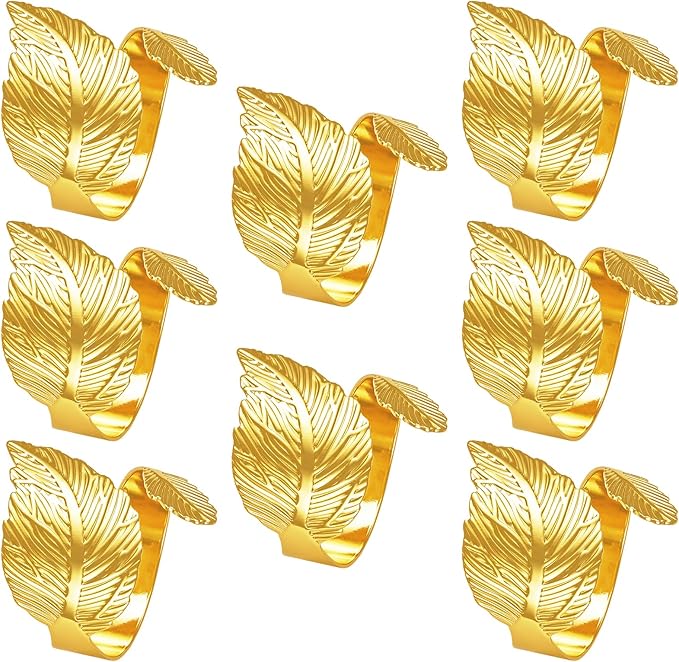 Gold Leaf Napkin Rings Set of 8,Metal Napkin Ring Holder Bulk for Holiday Party,Wedding,Banquet Elegant Table Setting,Classic Dining Room Decor (8)