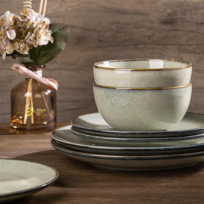 AmorArc Ceramic Dinnerware Sets for 8, 24 Pieces Handpainted Stoneware Plates and Bowls Set, Scratch Resistant Dishes Set, Dishwasher & Microwave Safe, Reactive Color