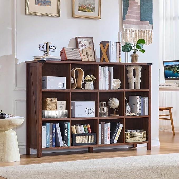 12 Cube Storage Organizer, Farmhouse 62 Inch Wide Brown Walnut Display Bookshelf, Wooden 3 Tier Large Open Book Shelf, Vintage Bookcase for Home Office, Cubby Cabinet for Living Room, Office