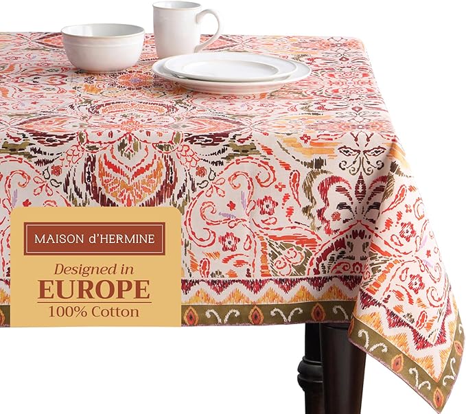 Maison d' Hermine Table Cloth Rectangle Table 100% Cotton 60 x 90 Inches Fall Tablecloth Reusable Everyday Use for Thanksgiving Christmas Decorations Dining Farmhouse Party (Damask)