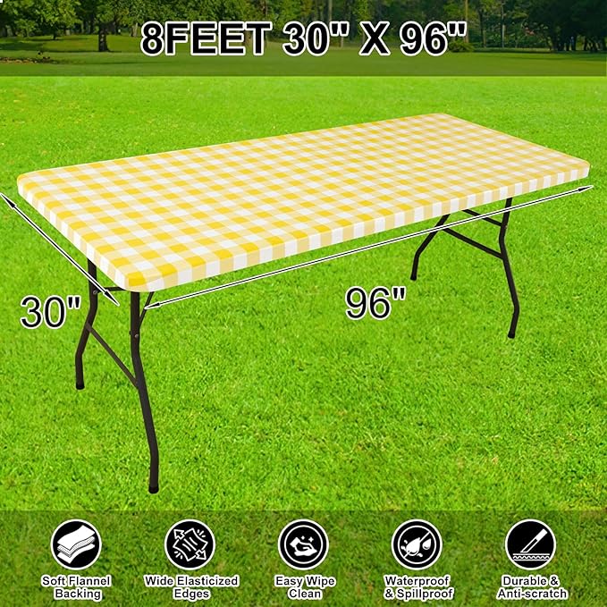 Smiry Rectangle Picnic Table Cloth, Elastic Waterproof Fitted Vinyl Tablecloths, Flannel Backed Buffalo Plaid Table Covers for Dining, Camping, Outdoor (White and Yellow, 30" x 96")