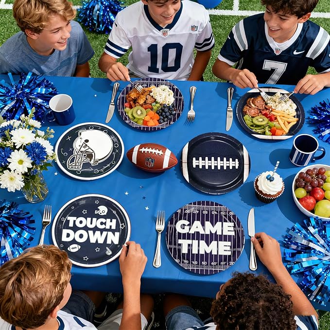 60Pcs Cowboys Football Party Supplies 9” Navy Blue Football Paper Plates Footballs Themed Plates Disposable Tableware for Game Day Sports Birthday Party Supplies