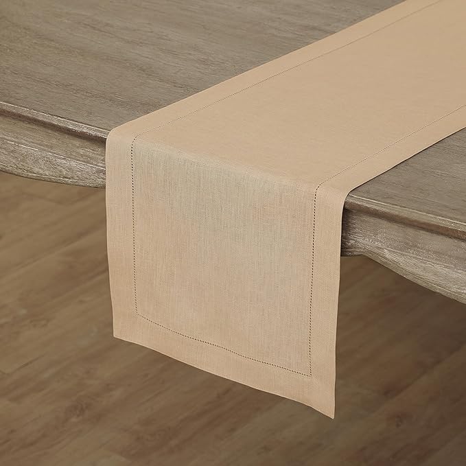 Solino Home Linen Beige Table Runner 90 Inches Long - 100% Pure Linen 14 x 90 Inch Table Runner for Spring, Easter - Classic Hemstitch