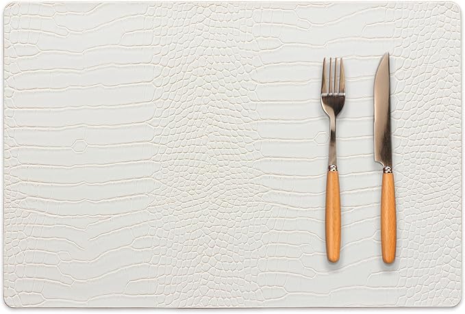 Jovono Faux Leather Placemats Set of 4,Waterproof & Heat Resistant Dinner Place Mats for Dining Table, Non-Slip Crocodile Embossed, White (17.8x11.8 Inch)