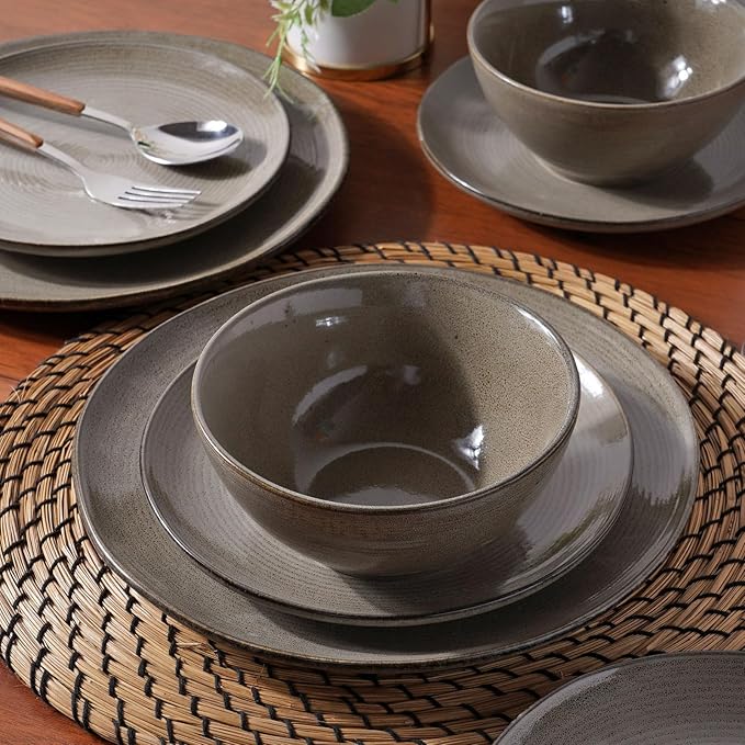 famiware Plates and Bowls Sets for 4, 12 Pieces Stoneware Dinnerware Sets, Dishes Set, Reactive Glaze Dishware Sets, Dishwasher & Microwave Safe, Tempus Series - Dark Olive