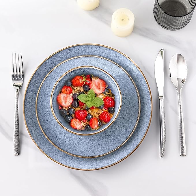 GBHOME Ceramic Dinnerware Sets for 4, 12 Pieces Stoneware Plates and Bowls Sets, Reactive Glaze Dishes -Scratch Resistant, Dishwasher&Microwave Safe- Brunnera Blue