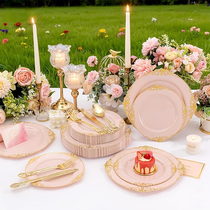 102PCS Pink Plastic Plates - Pink and Gold Plate - Heavyweight Disposable Plate with Gold Rim - Fancy Dinner & Dessert Plates for 51 Guests Weddings & Parties