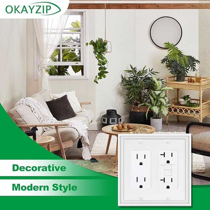 White Decorative Double Decorator Switch Covers Wall Plate, Natural Material Rocker Switch Plates for Receptacle, GFCI Outlet, Dimmer Switch - Modern Style (2 Gang Decorator 2 Pack)