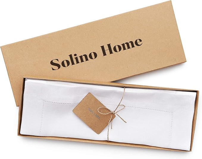 Solino Home Linen Cloth Placemats Set of 6-100% Pure Linen Hemstitch White Placemats 14 x 19 Inch - Classic Hemstitch Table Place Mats for Winter, Valentines, Spring, Easter