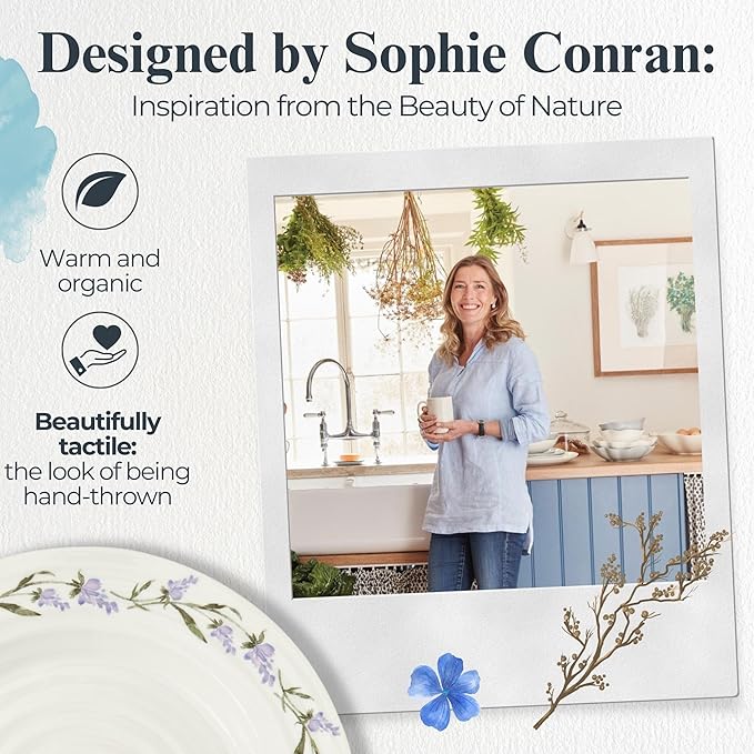 Portmeirion Sophie Conran Lavandula 8 Inch Salad Plates, Set of 4 - Rippled Porcelain Plates with Lavender Sprig Detail for Garden Brunches, Casual Entertaining & Seasonal Dining - Dishwasher Safe