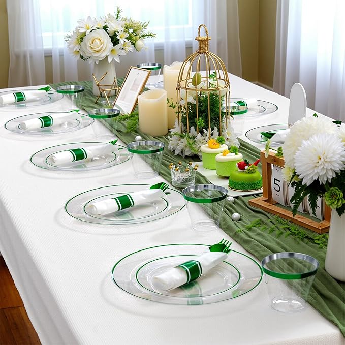 SUT 175 Pcs Green and Clear Plastic Dinnerware Set for 25 Guests, Include: 25 Dinner Plates, 25 Dessert Plates, 25 Pre Rolled Napkins With Silverware, 25 Cups, Disposable Plates for Party