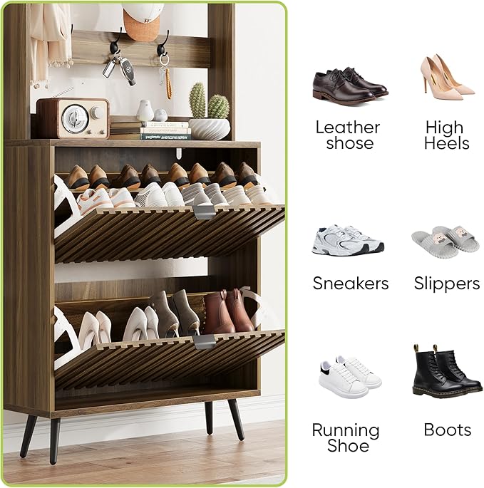 Tall Shoe Cabinet with Coat Rack,Fluted Shoe Cabinet Storage for Entryway, Walnut Hidden Shoe Cabinet with Metal Legs,Shoe Organizer Cabinet, Slim Entryway Shoe Storage Cabinet （31.5in）