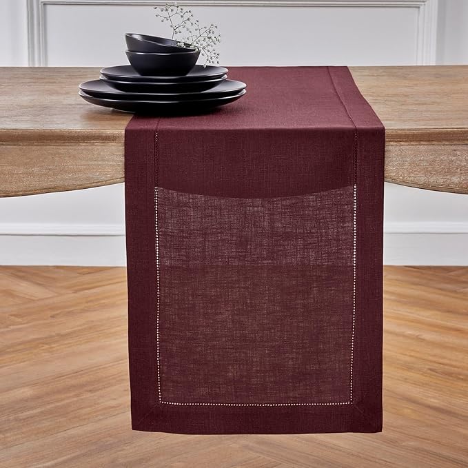 Solino Home Linen Burgundy Table Runner 108 Inches Long - 100% Pure Linen 14 x 108 Inch Table Runner for Valentines, Winter - Classic Hemstitch