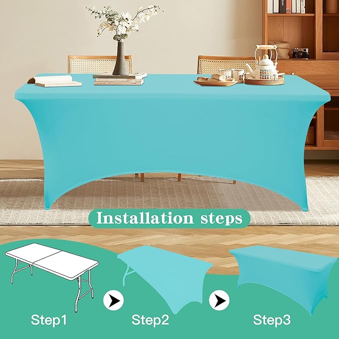 2Pack 4FT Table Cloth for Rectangular Fitted Events Stretch Sky Blue Table Covers Washable Spandex Tablecloth Protector for Party, Wedding, Cocktail, Banquet, Festival
