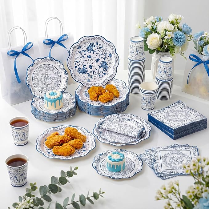 Pickmesh 250 Pcs Blue White Floral Disposable Tableware Set Blue and White Porcelain Pattern Disposable Paper Plates Napkins and Cups for Chinoiserie Baby Shower Birthday Wedding Tea Party Supplies