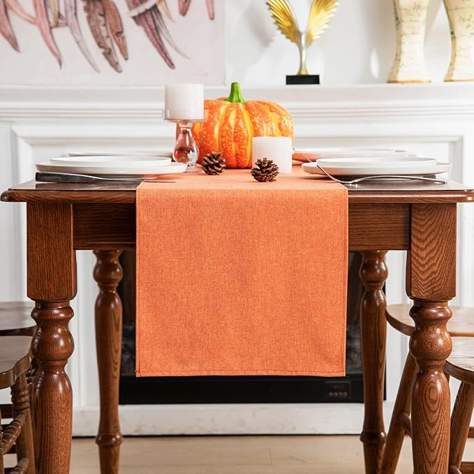 Table Runner 13 x 90 Inches Long, Cotton Linen Farmhouse Style Grey Table Linen for Kitchen Dining Coffee Table Parties Wedding Home Decor (Fall-Orange, 13” x 90”)
