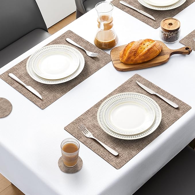 MOSAYT Placemats Set of 8, Heat Resistant Vinyl Place Mats with Coasters, Wipeable Washable 100% Waterproof Oil Proof Faux Leather Table Mats for Kitchen Dining Party Outdoor, 12" x 17", Khaki