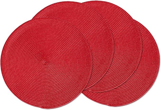 AHHFSMEI Round Braided Placemats 15 Inch Round Table Mats for Dining Tables Natural Woven Heat Resistant Place mats Set of 4 (red,4)